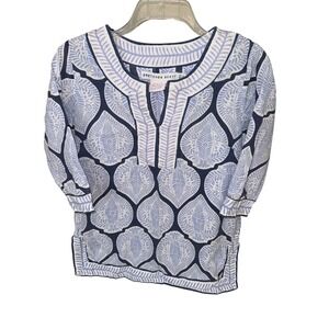 Gretchen Scott women's tunic top XS blue white geometric pattern cotton‎